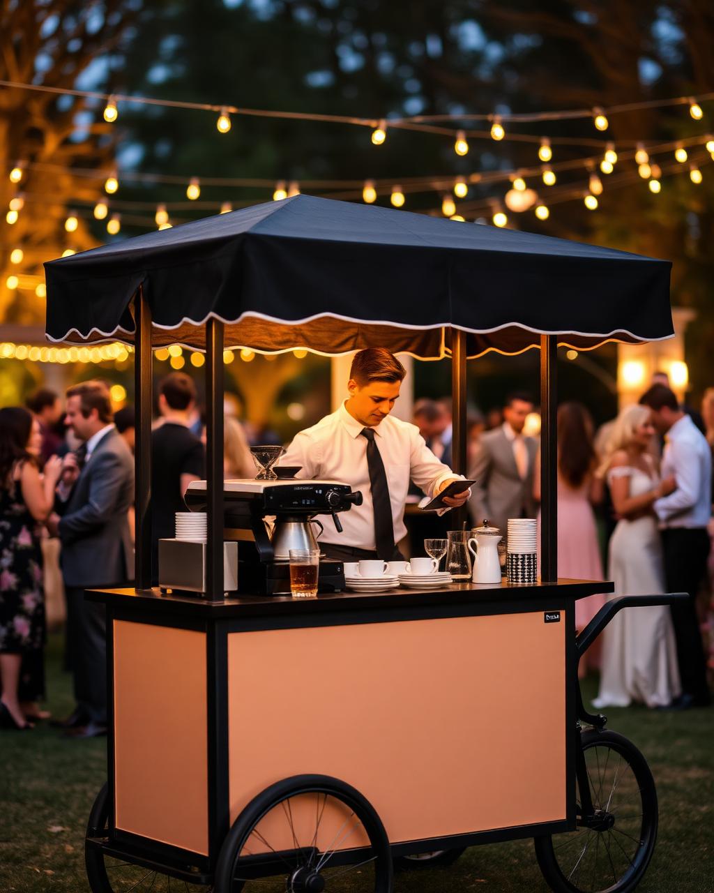 Mobile coffee cart at an evening event