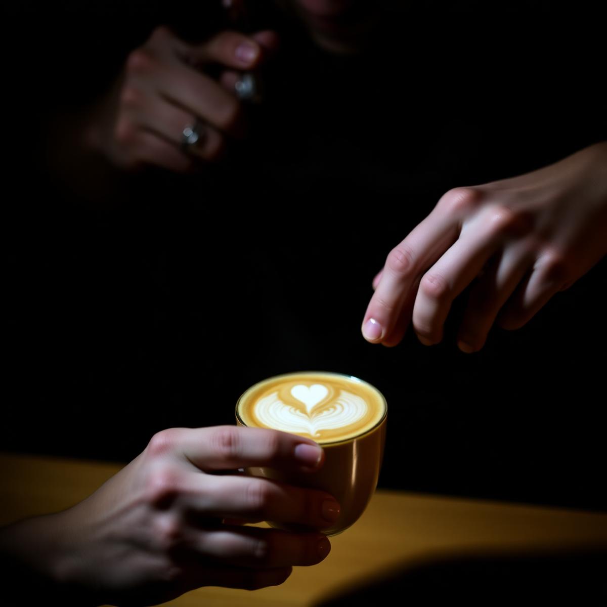 Latte art being handed to a guest